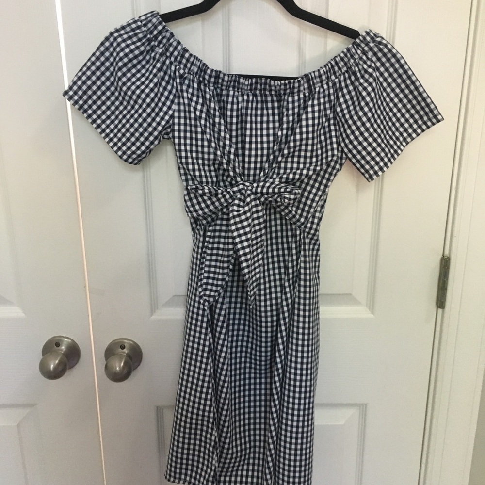 Off shoulder navy and white gingham dress
